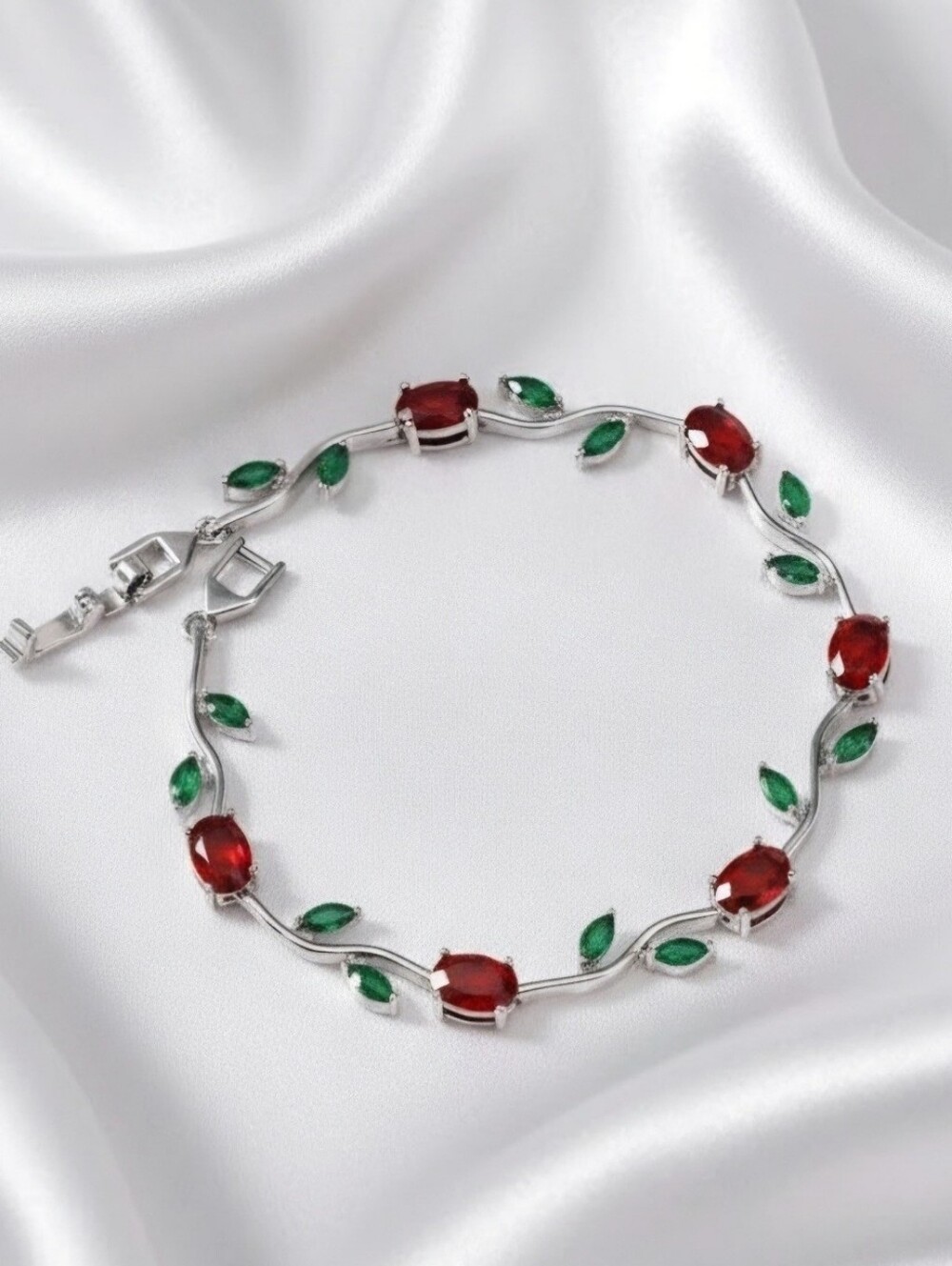 Elegant Red and Green Rose Gemstone Tennis Bracelet - Women Jewelry